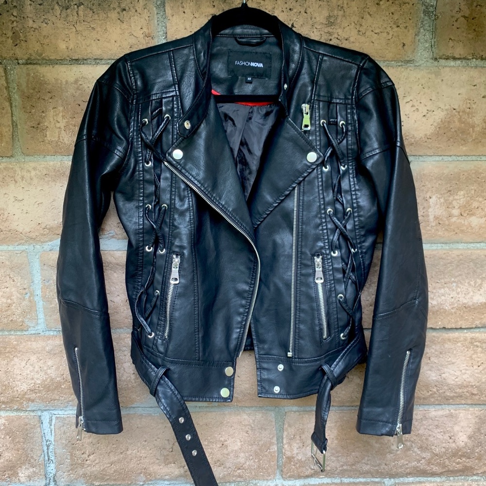 Lace up faux leather moto jacket